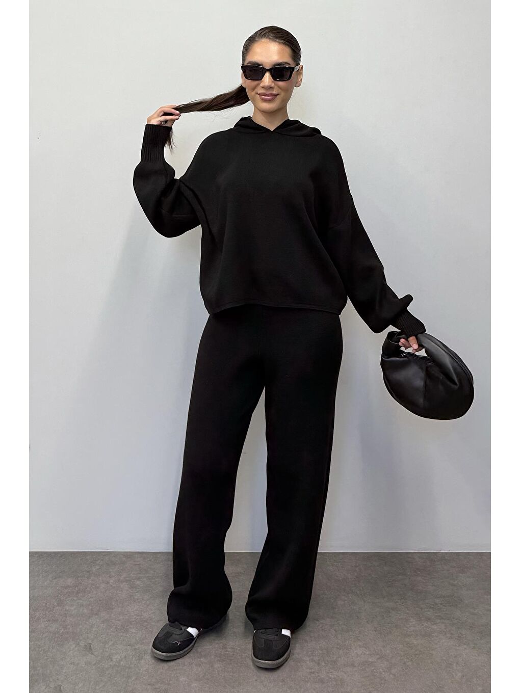 Siyah Kapüşonlu Triko Kadın Eşofman Takımı Mg2237-1