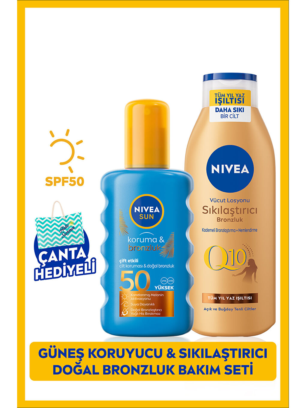 NIVEA SUN Koruma Bronzluk Güneş Spreyi 200ml ve Q10 Sıkılaştırıcı Bronzlaştırıcı Losyon 200ml,Çanta