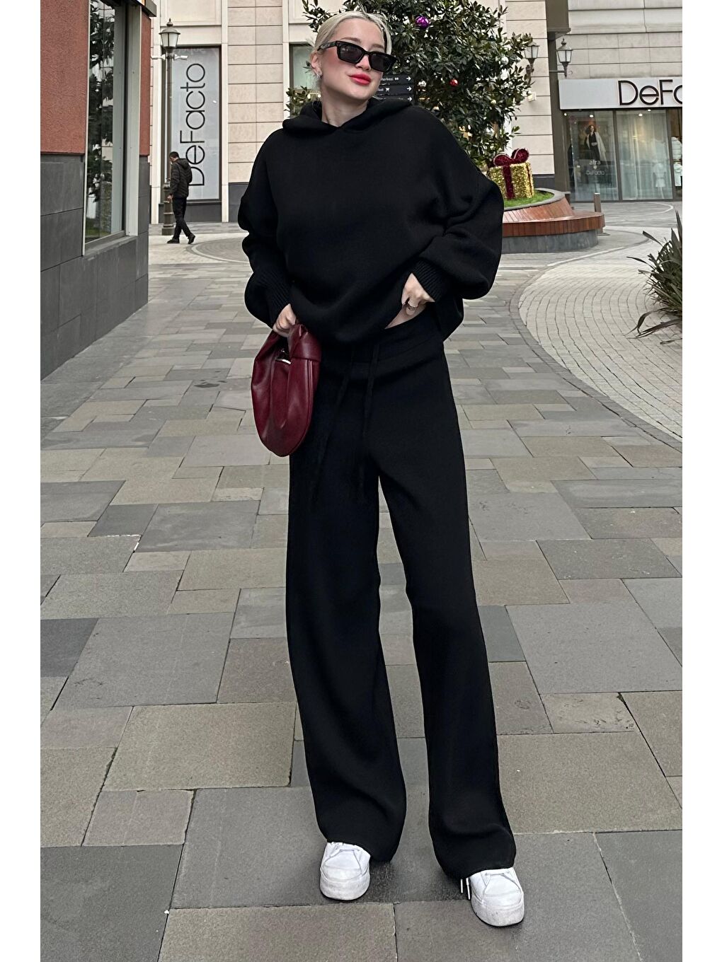 Siyah Kapüşonlu Triko Kadın Eşofman Takımı Mg2237-3