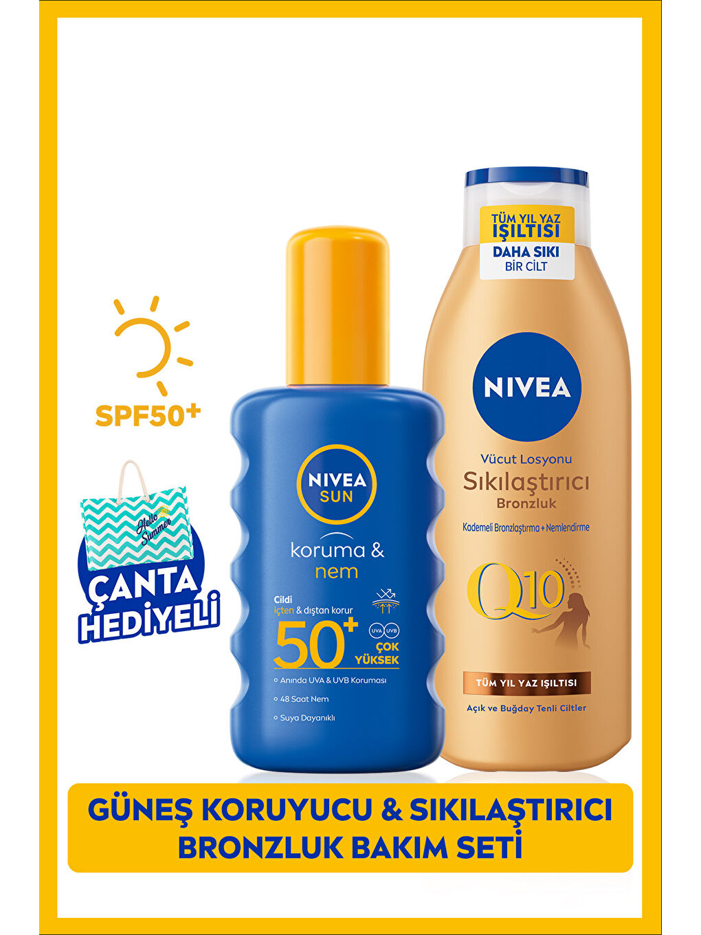 NIVEA SUN Güneş Koruyucu Vücut Spreyi 200ml SPF50 ve Q10 Sıkılaştırıcı Bronzluk Losyon 200ml, Çanta