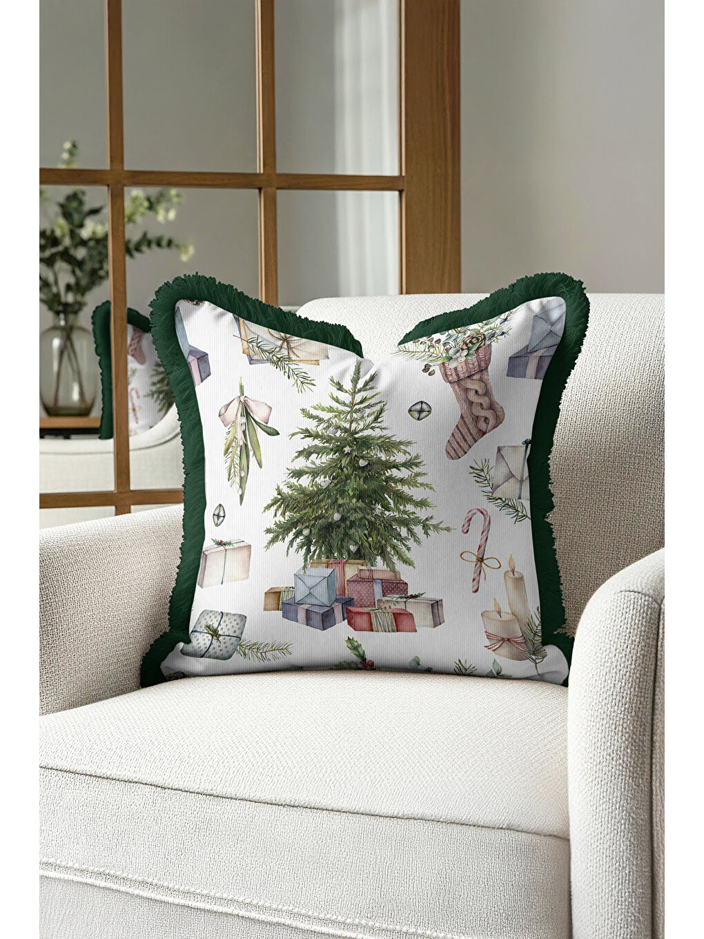 Karışık Lüks Yeni Yıl Temalı Saçaklı Yastık Kılıfı - Hediye Çam Ağacı Rustik Yeşil Püsküllü Kırlent Kılıfı-2