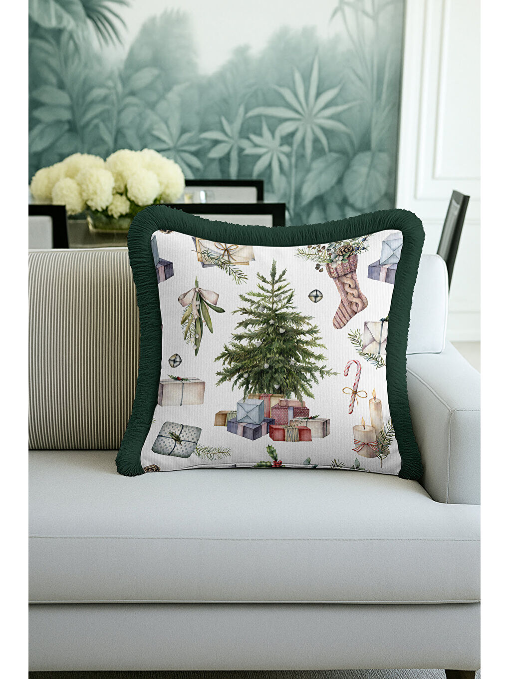 Karışık Lüks Yeni Yıl Temalı Saçaklı Yastık Kılıfı - Hediye Çam Ağacı Rustik Yeşil Püsküllü Kırlent Kılıfı-3