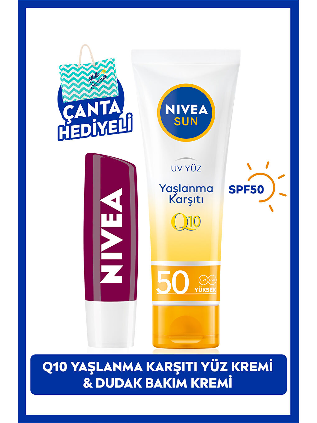 NIVEA SUN Q10 Yaşlanma Karşıtı Güneş Koruyucu Yüz Kremi 50ml ve Böğürtlen Dudak Bakım Kremi, Çanta