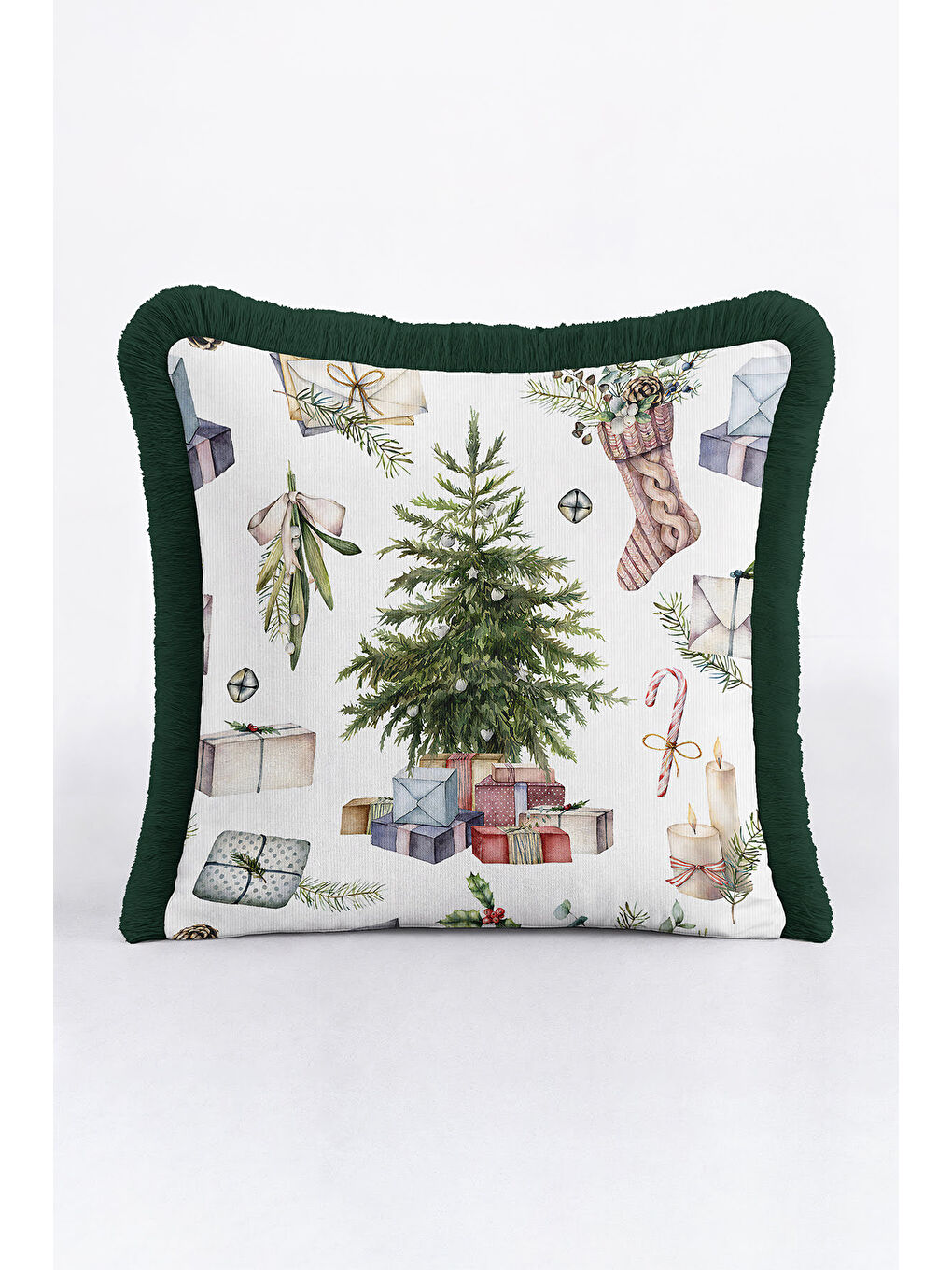 Karışık Lüks Yeni Yıl Temalı Saçaklı Yastık Kılıfı - Hediye Çam Ağacı Rustik Yeşil Püsküllü Kırlent Kılıfı-4