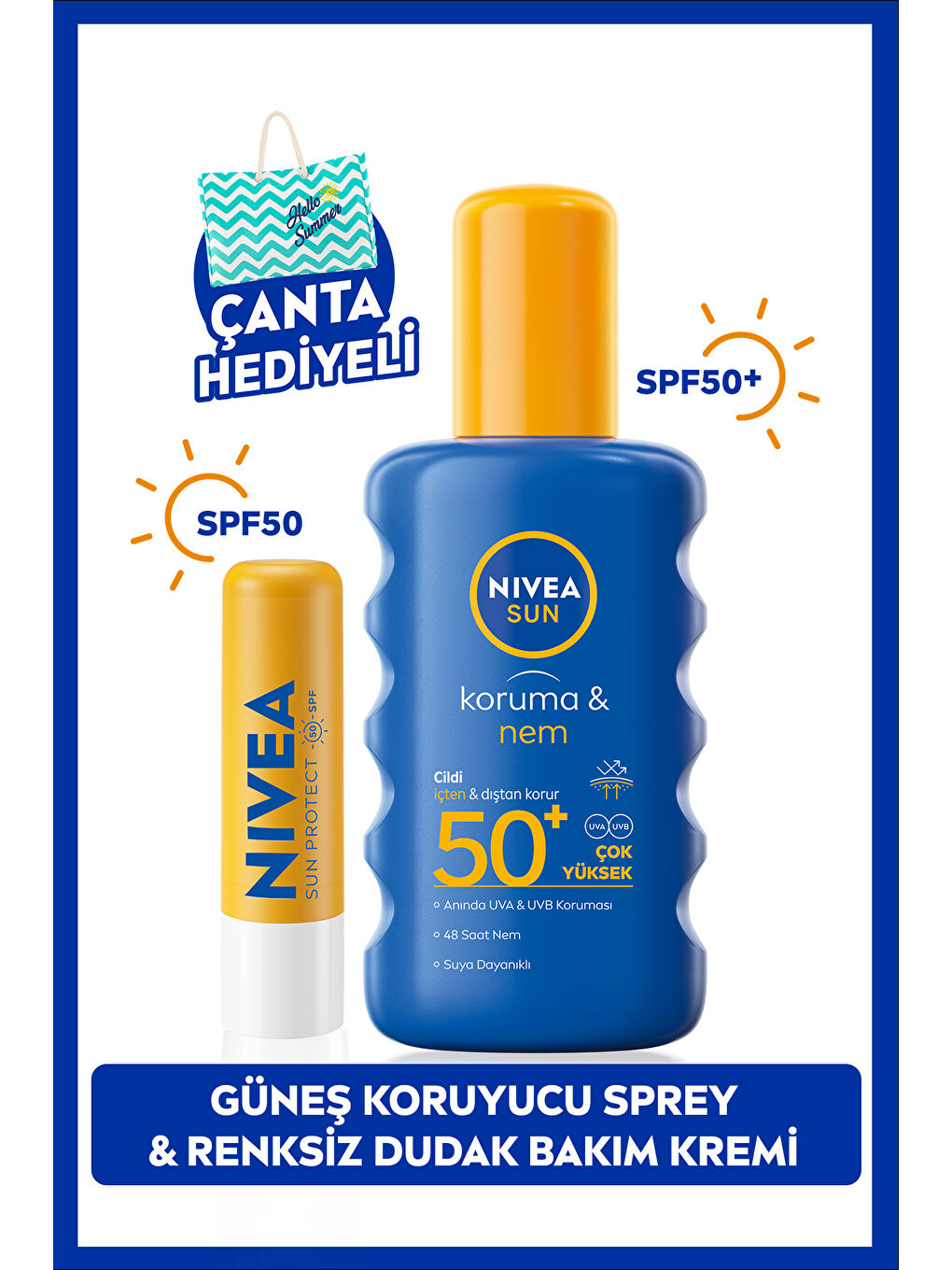 NIVEA SUN Koruma ve Nem Vücut Spreyi 200ml ve Yüksek Güneş Korumalı Dudak Bakım Kremi, SPF50, Çanta