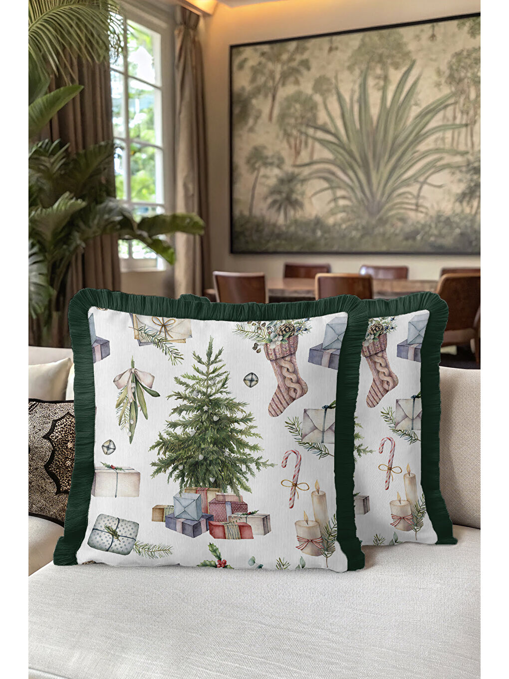 Karışık Lüks Yeni Yıl Temalı Saçaklı Yastık Kılıfı - Hediye Çam Ağacı Rustik Yeşil Püsküllü Kırlent Kılıfı-5