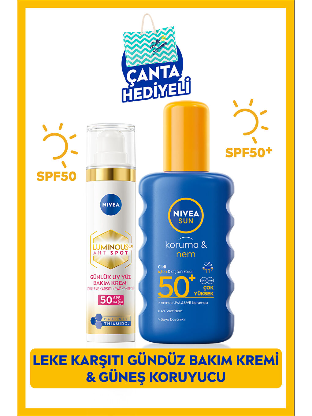 NIVEA SUN Güneş Koruyucu Vücut Spreyi 200ml, Luminous630 Leke Karşıtı Yüz Kremi 40ml, SPF50, Çanta