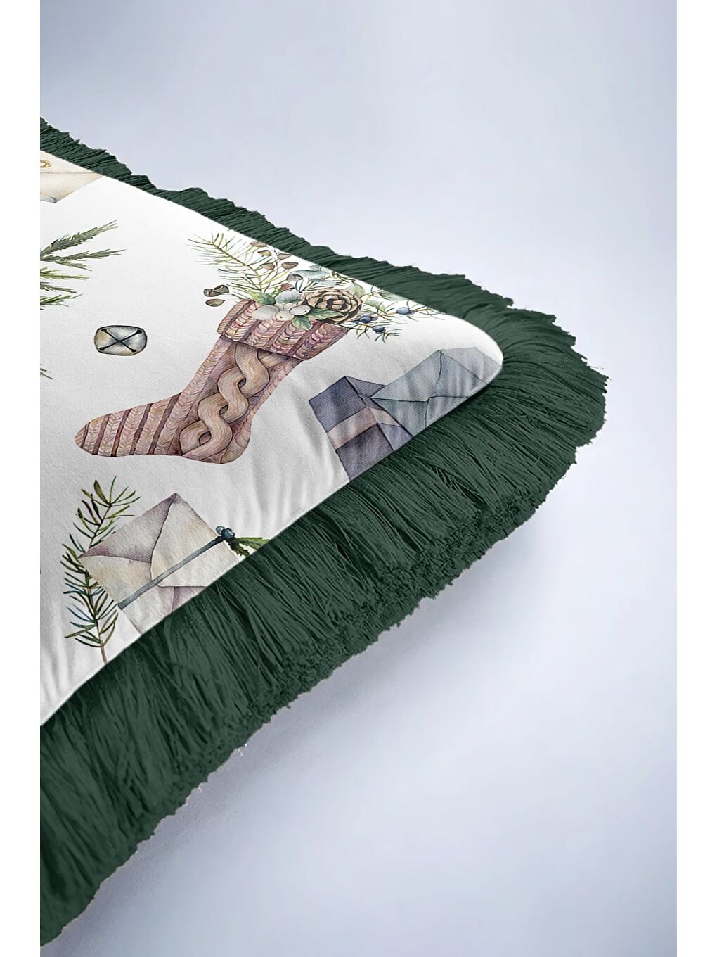 Karışık Lüks Yeni Yıl Temalı Saçaklı Yastık Kılıfı - Hediye Çam Ağacı Rustik Yeşil Püsküllü Kırlent Kılıfı-6