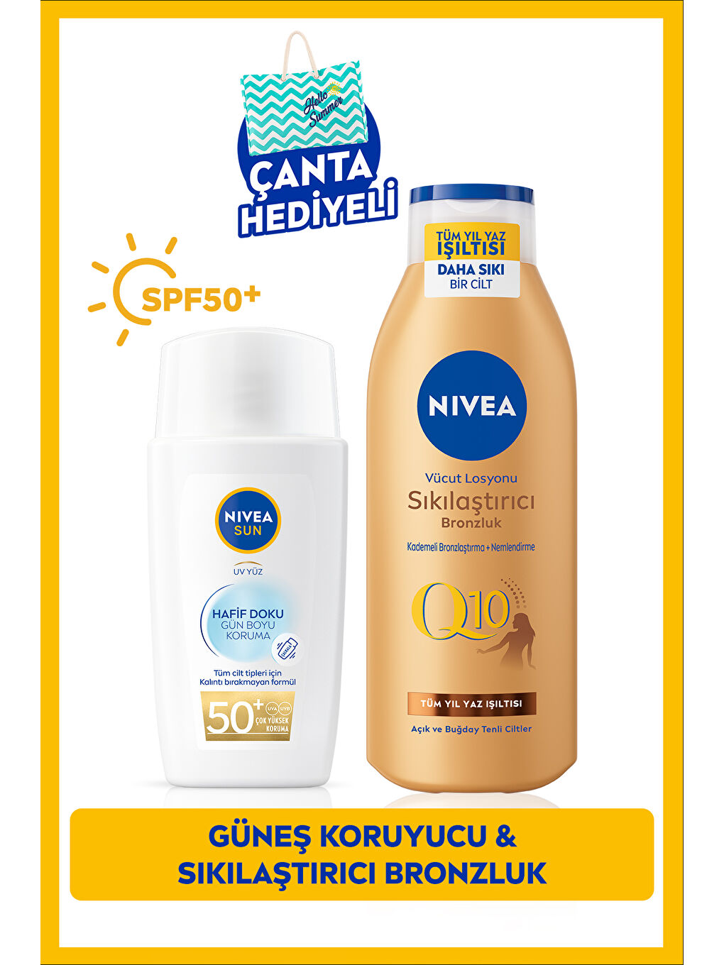 NIVEA SUN Hafif Dokulu Yüz Kremi 40ml SPF50 ve Q10 Sıkılaştırıcı Bronzluk Vücut Losyonu 200ml,Çanta