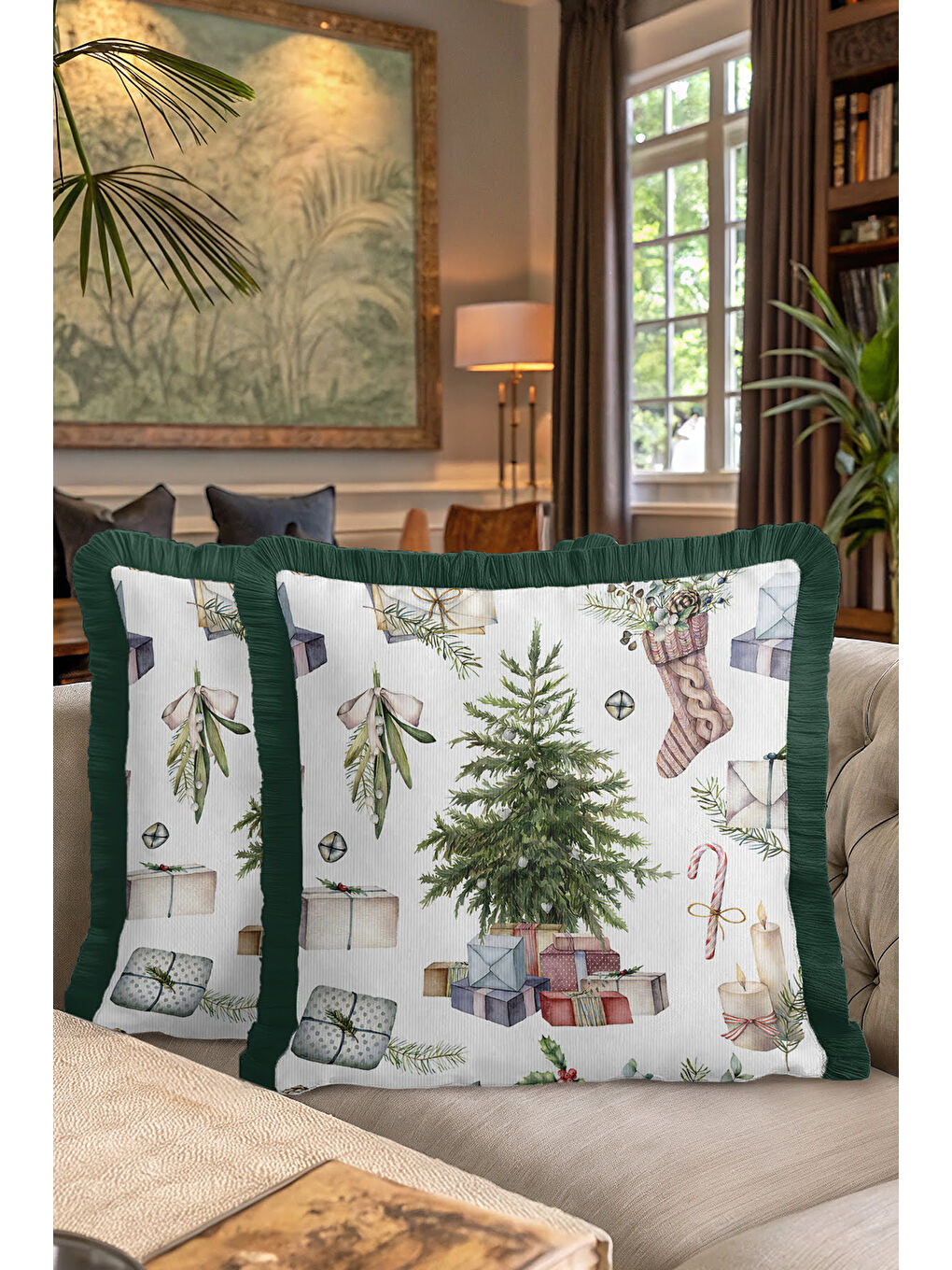 Karışık Lüks Yeni Yıl Temalı Saçaklı Yastık Kılıfı - Hediye Çam Ağacı Rustik Yeşil Püsküllü Kırlent Kılıfı-7