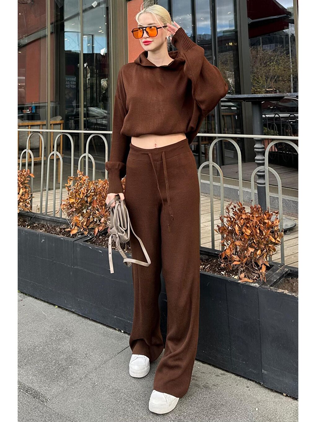 Kahverengi Kapüşonlu Triko Kadın Eşofman Takımı Mg2237-1