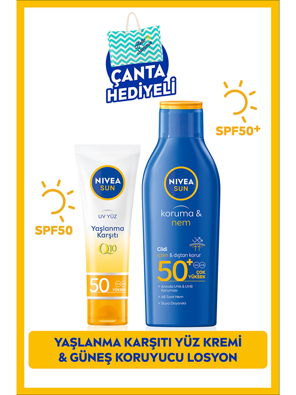 NIVEA SUN Güneş Koruyucu Vücut Losyonu 200ml ve Q10 Yaşlanma Karşıtı Yüz Kremi 50ml, SPF50, Çanta