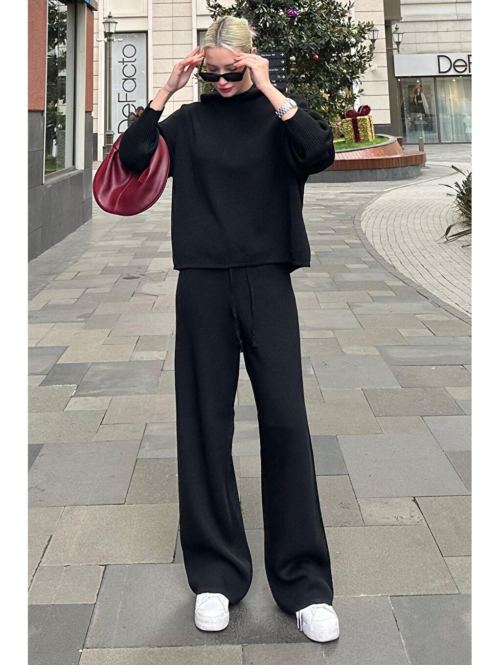 Siyah Kapüşonlu Triko Kadın Eşofman Takımı Mg2237-5