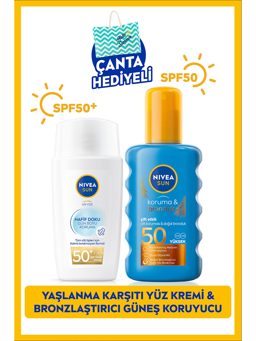 NIVEA SUN Hafif Dokulu Güneş Yüz Kremi 40ml ve Koruyucu Bronzlaştırıcı Güneş Spreyi 200ml, SPF50, Çanta