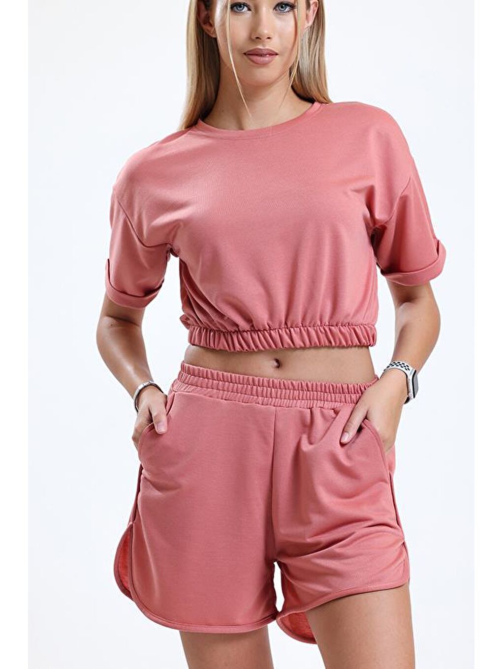 Pembe Bisiklet Yaka Kısa Kollu Crop Şortlu Kadın Pijama Takımı-1