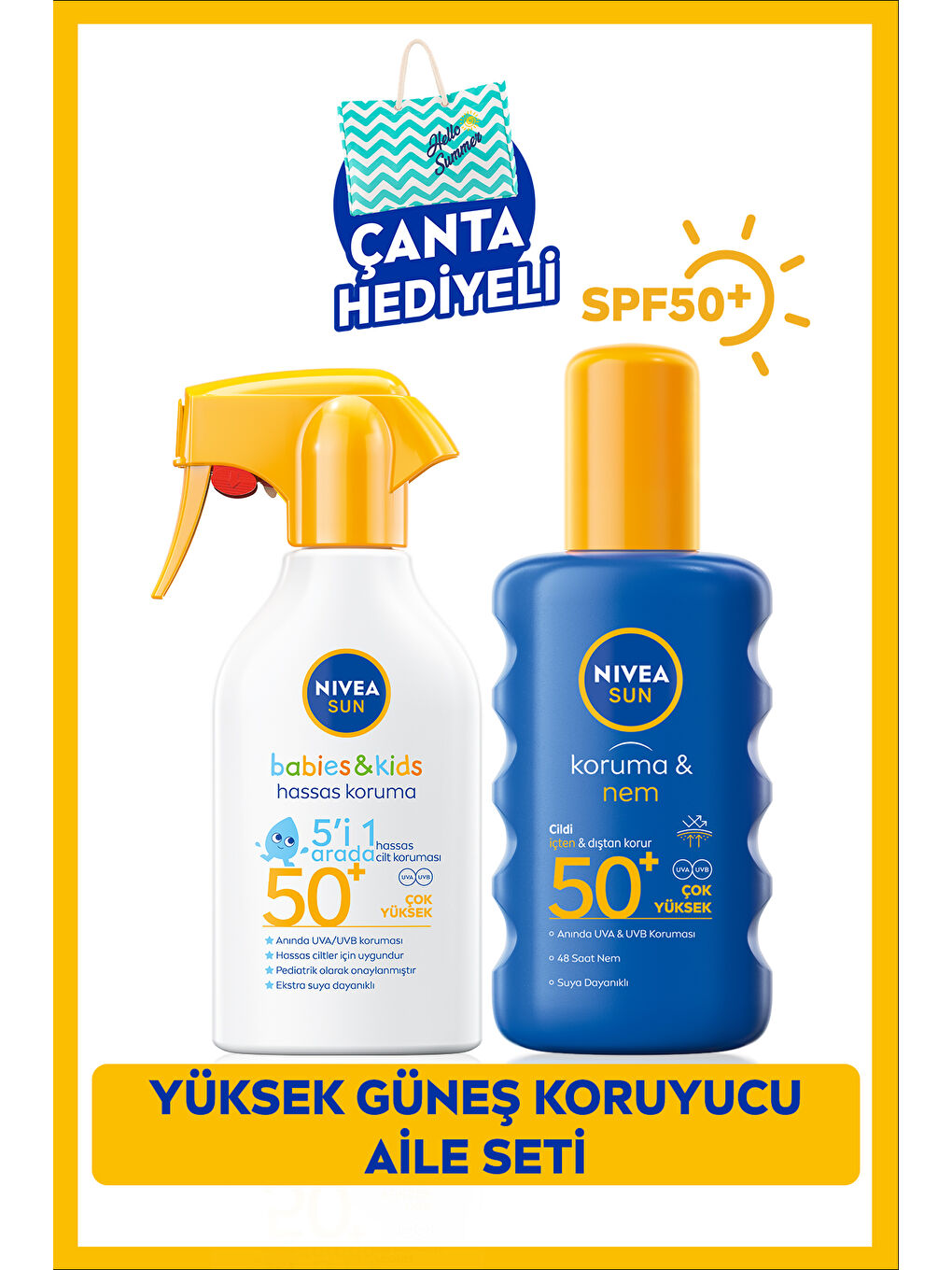 NIVEA SUN Çocuklar İçin Güneş Spreyi 270ml ve Yüksek Güneş Koruyucu Vücut Spreyi 200ml, SPF50,Çanta