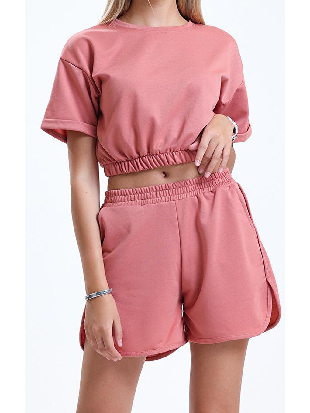 Pembe Bisiklet Yaka Kısa Kollu Crop Şortlu Kadın Pijama Takımı-2