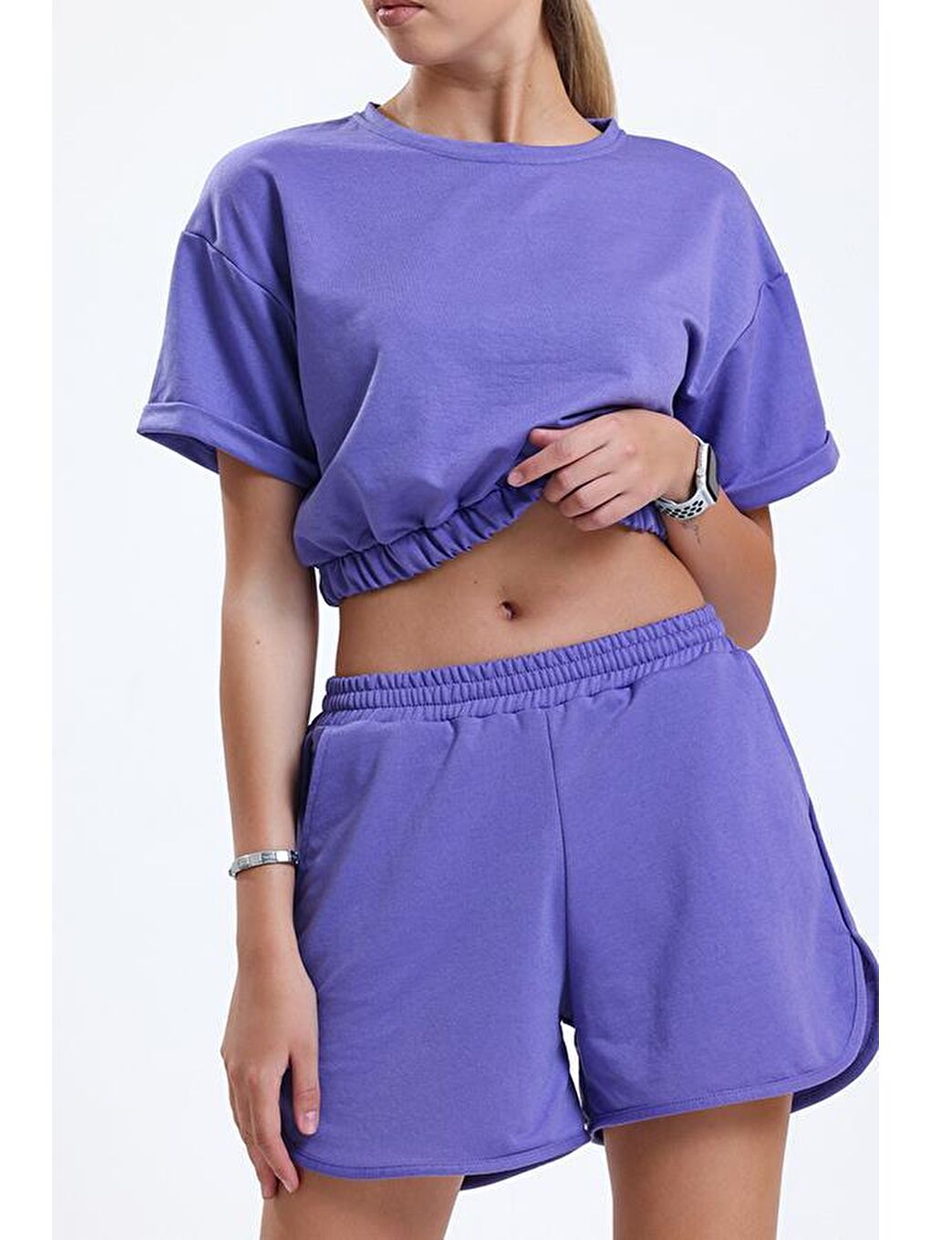 Mor Bisiklet Yaka Kısa Kollu Crop Şortlu Kadın Pijama Takımı-1