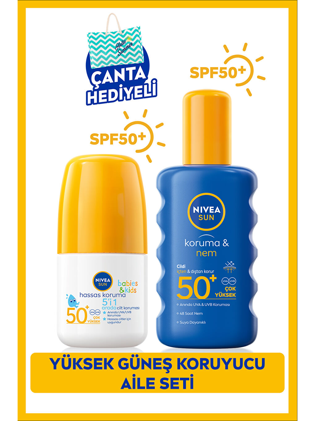 NIVEA SUN Çocuklar İçin Güneş Koruyucu Roll-on 50ml ve Koruma Nem Vücut Spreyi 200ml, SPF50, Çanta