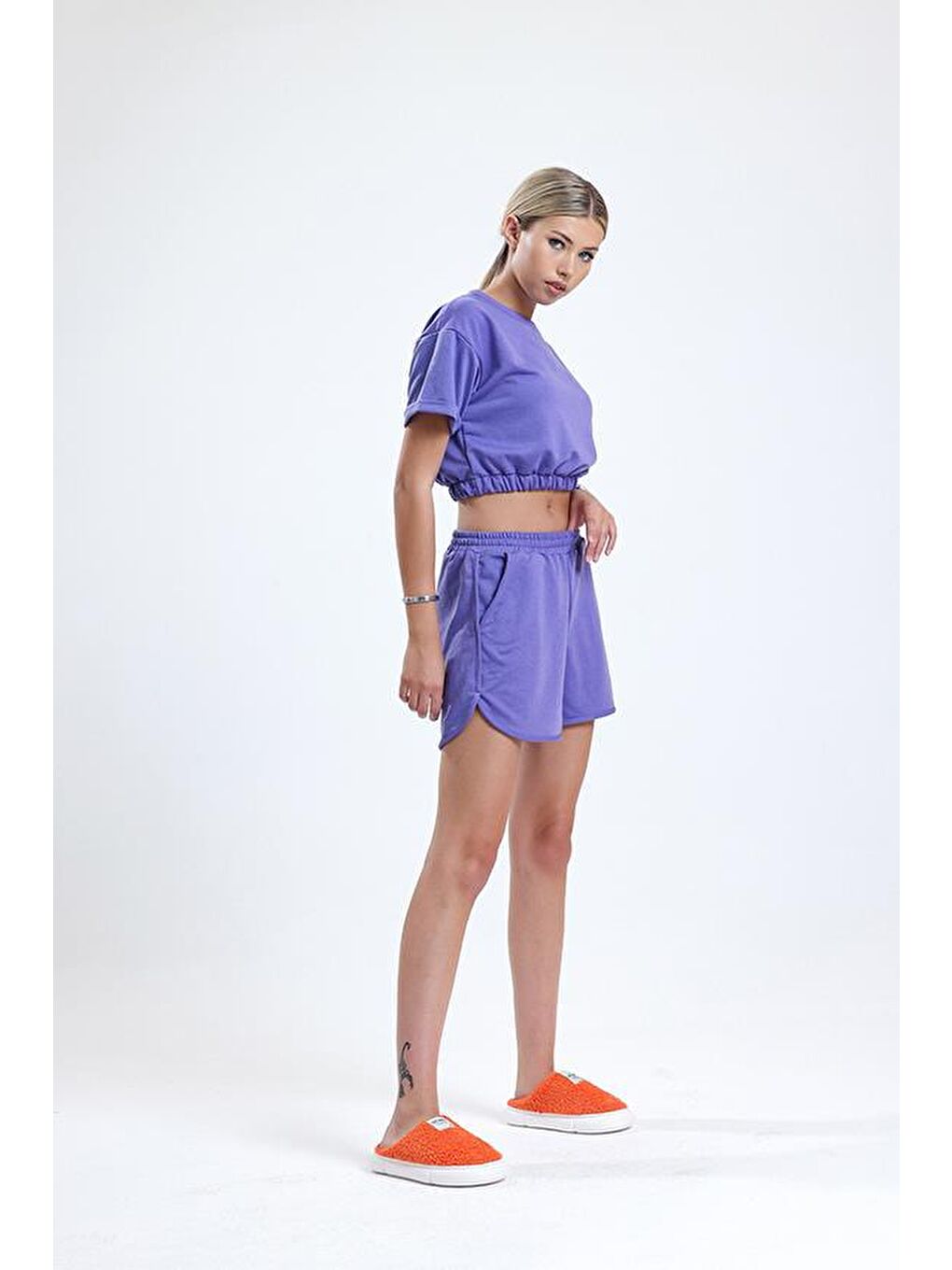 Mor Bisiklet Yaka Kısa Kollu Crop Şortlu Kadın Pijama Takımı-2