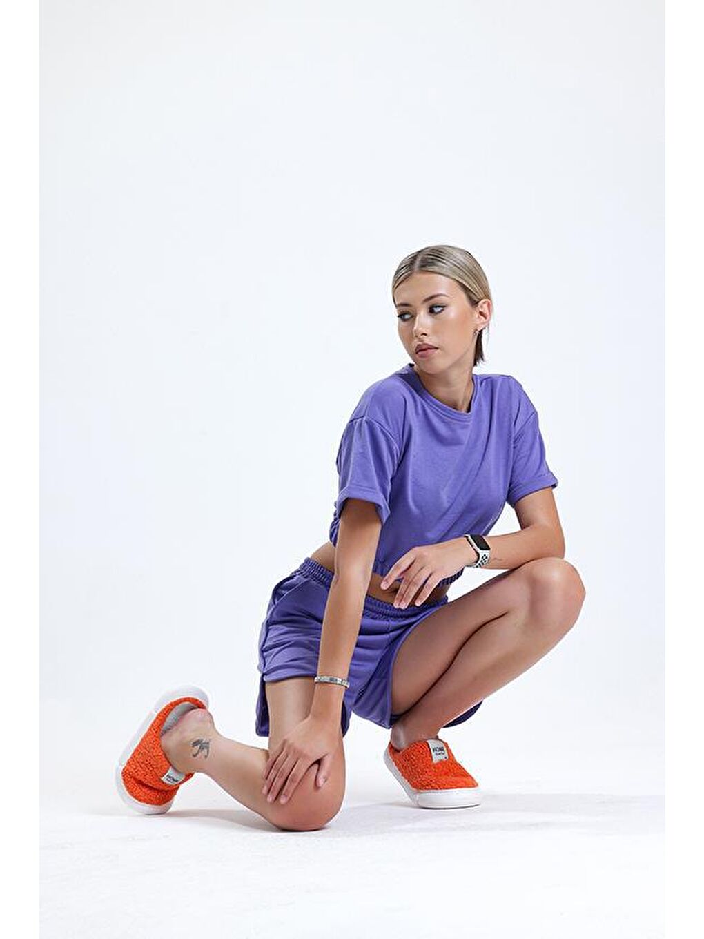 Mor Bisiklet Yaka Kısa Kollu Crop Şortlu Kadın Pijama Takımı-4