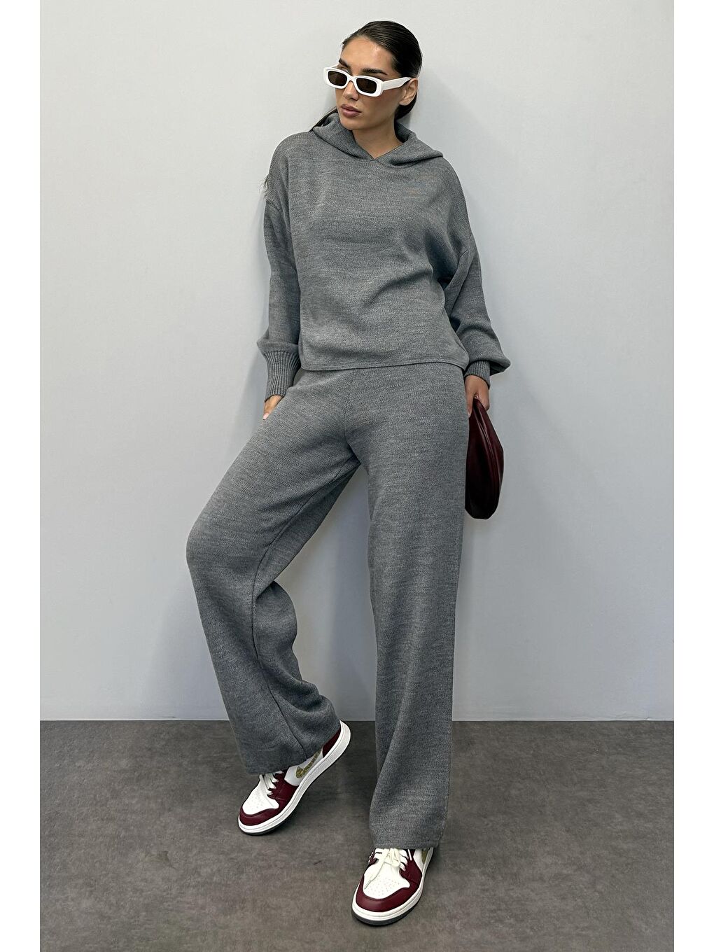 Gri Kapüşonlu Triko Kadın Eşofman Takımı Mg2237
