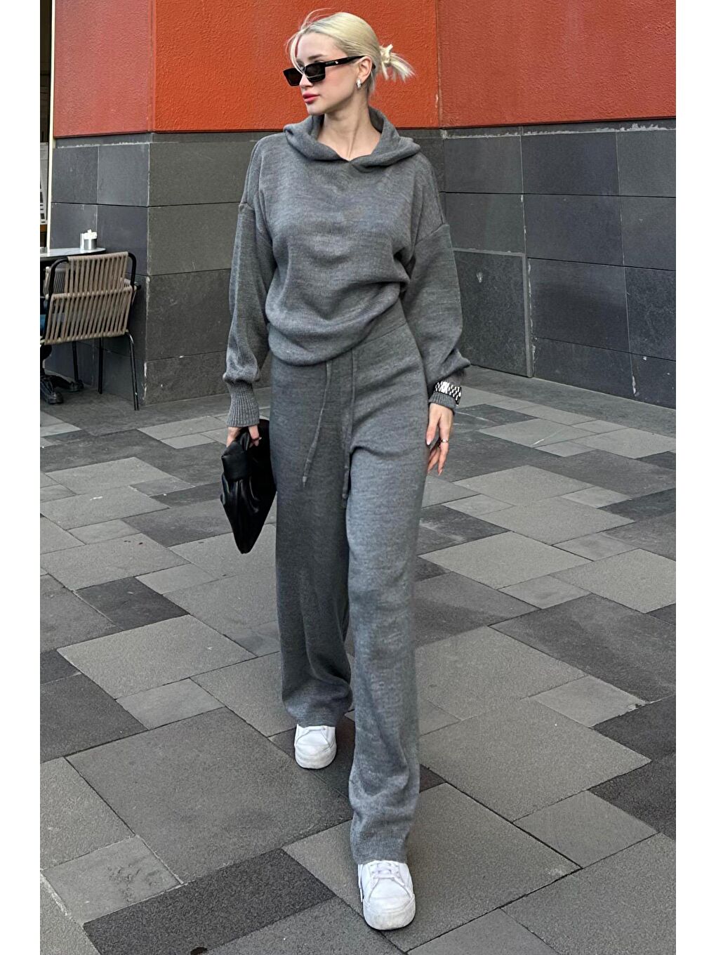 Gri Kapüşonlu Triko Kadın Eşofman Takımı Mg2237-1