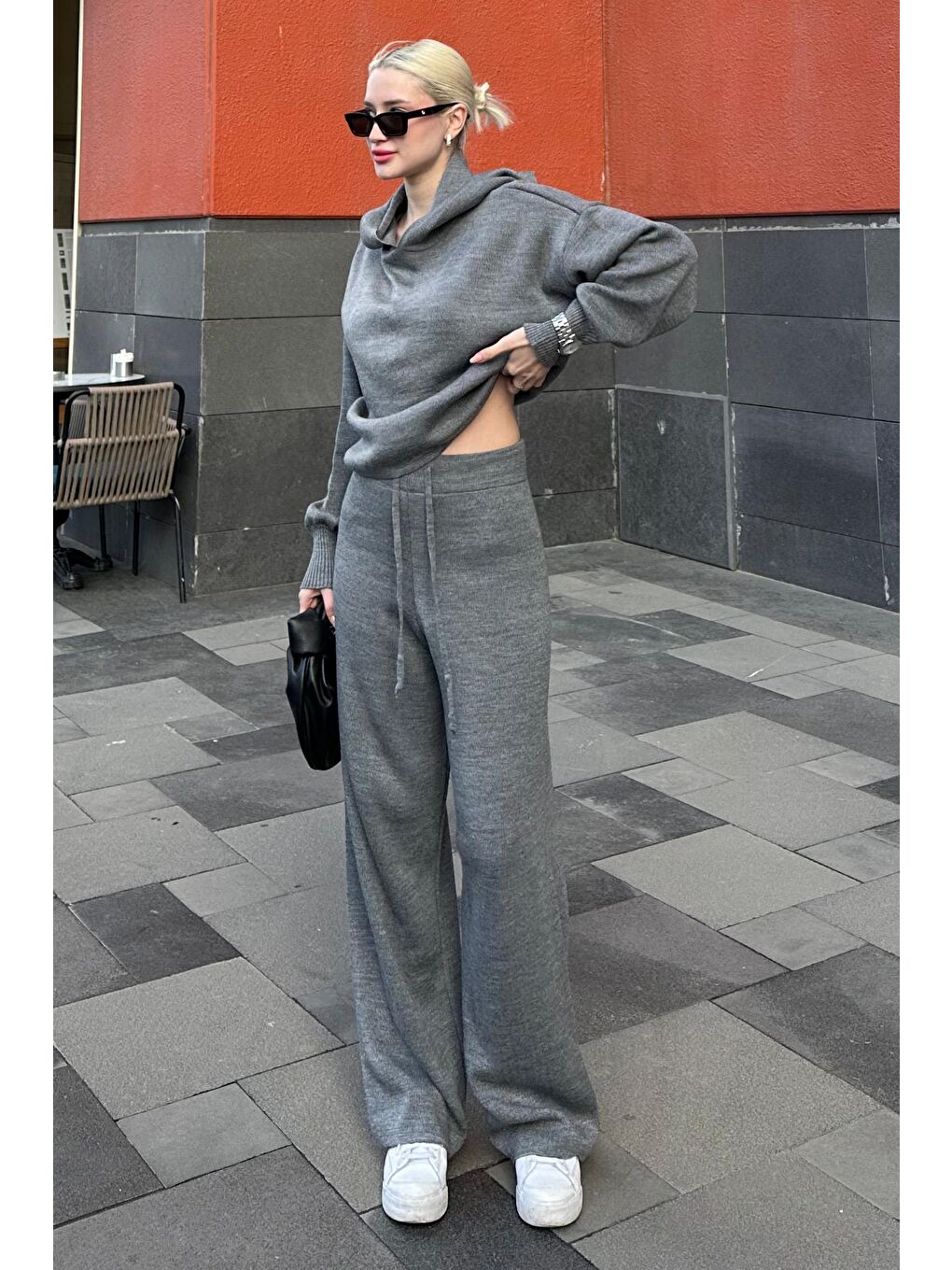 Gri Kapüşonlu Triko Kadın Eşofman Takımı Mg2237-2