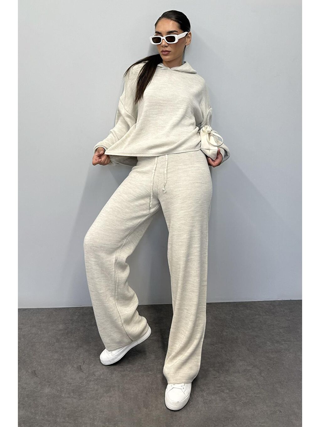 Bej Kapüşonlu Triko Kadın Eşofman Takımı Mg2237