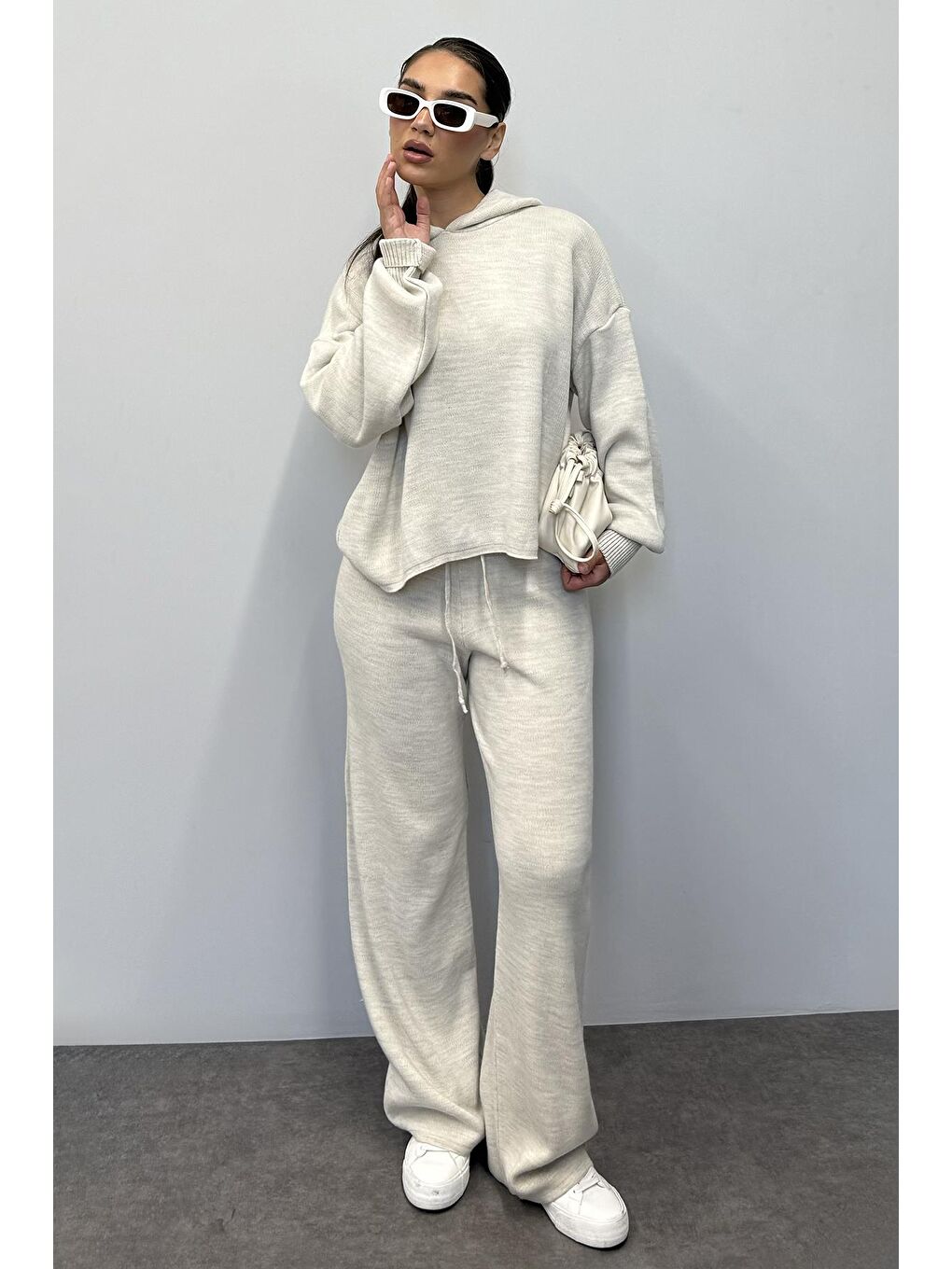 Bej Kapüşonlu Triko Kadın Eşofman Takımı Mg2237-1