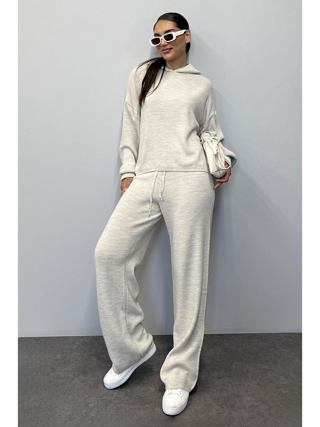 Bej Kapüşonlu Triko Kadın Eşofman Takımı Mg2237-2