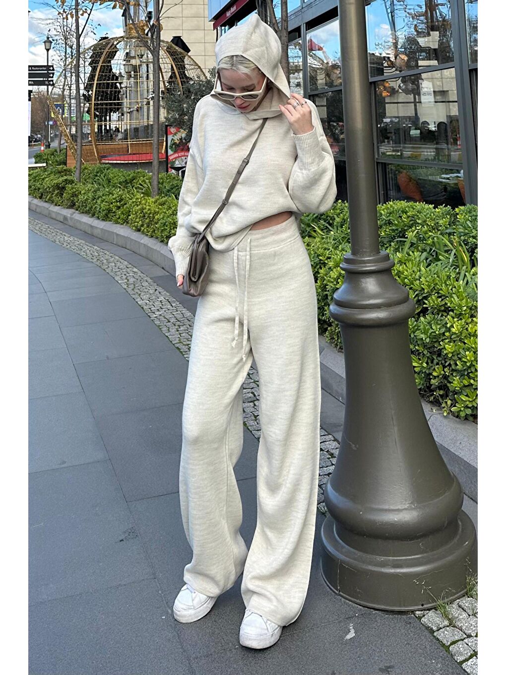 Bej Kapüşonlu Triko Kadın Eşofman Takımı Mg2237-3