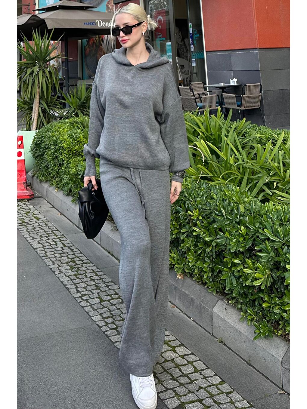 Gri Kapüşonlu Triko Kadın Eşofman Takımı Mg2237-6