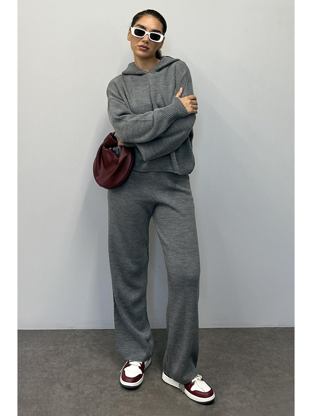Gri Kapüşonlu Triko Kadın Eşofman Takımı Mg2237-7