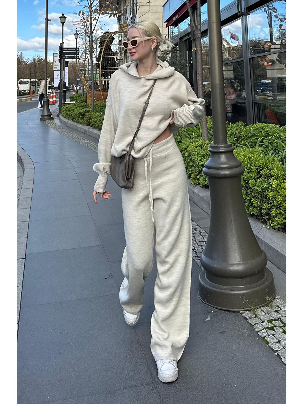 Bej Kapüşonlu Triko Kadın Eşofman Takımı Mg2237-5