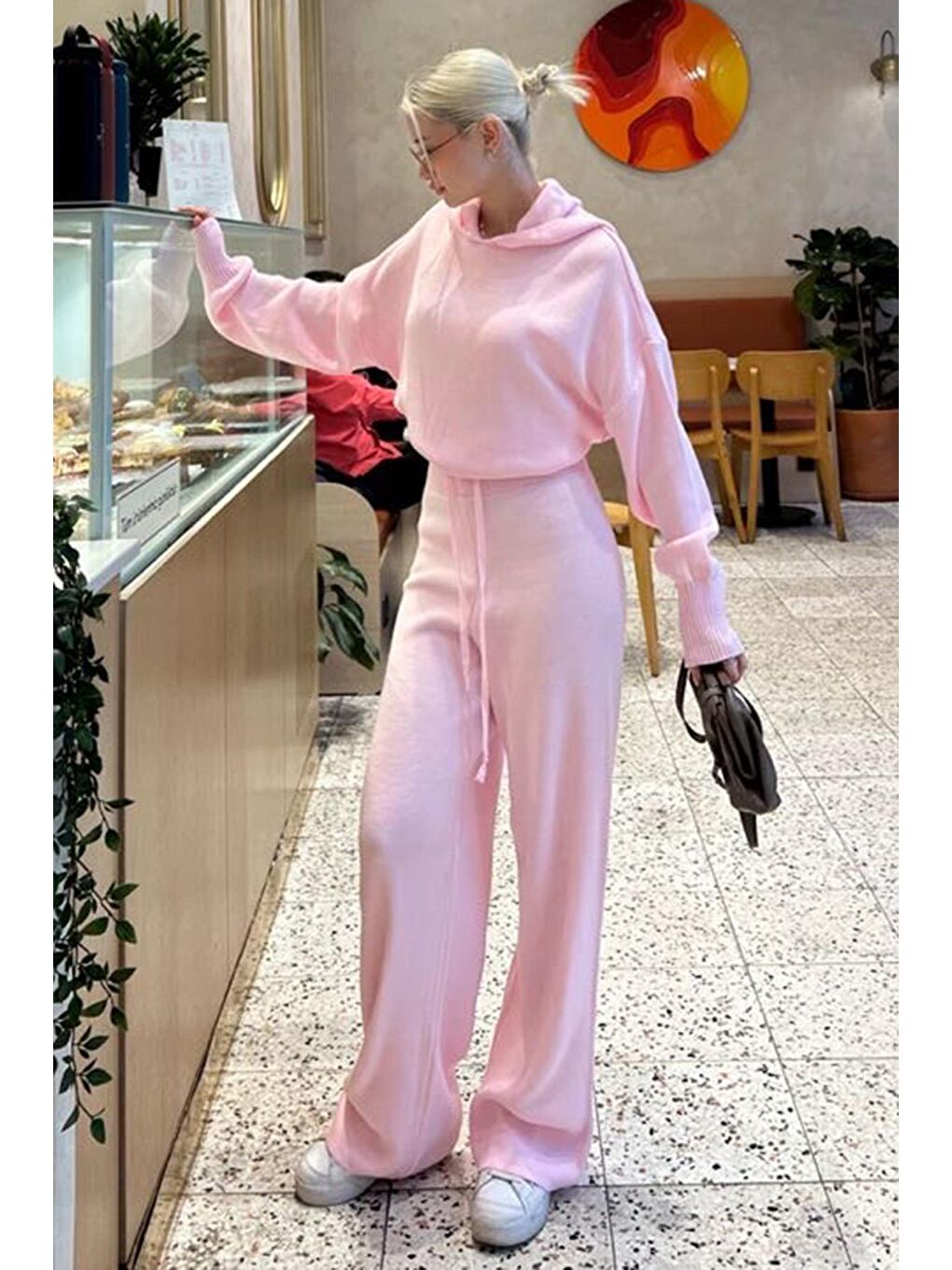 Pembe Kapüşonlu Triko Kadın Eşofman Takımı Mg2237