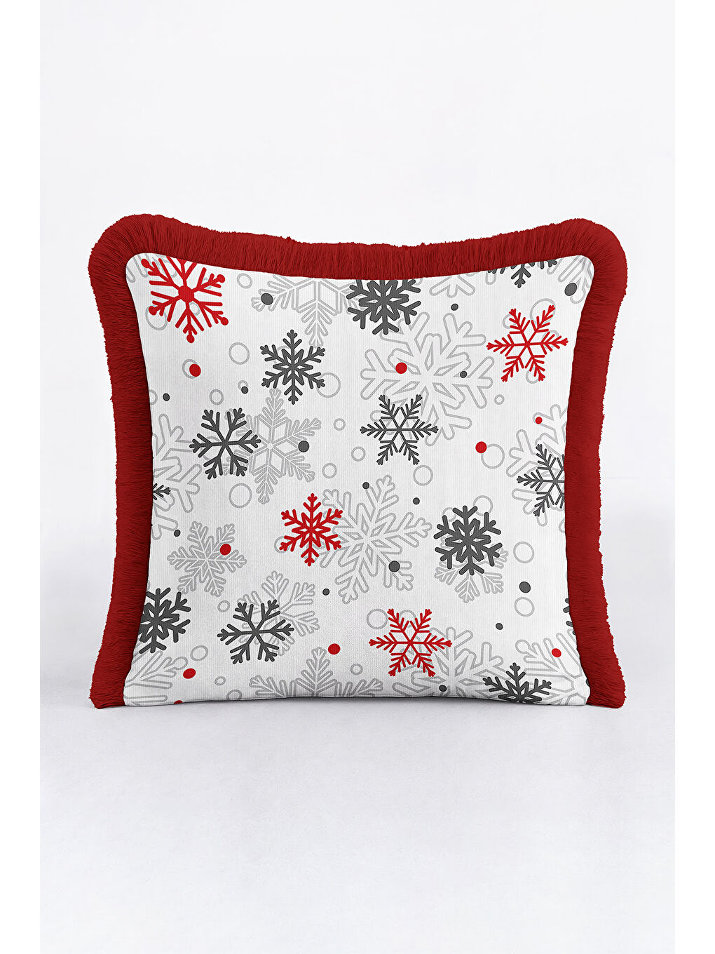 Karışık Zarif Kar Tanesi Motifli Saçaklı Yastık Kılıfı - Kış Temalı Modern Kırmızı Püsküllü Kırlent Kılıfı-1