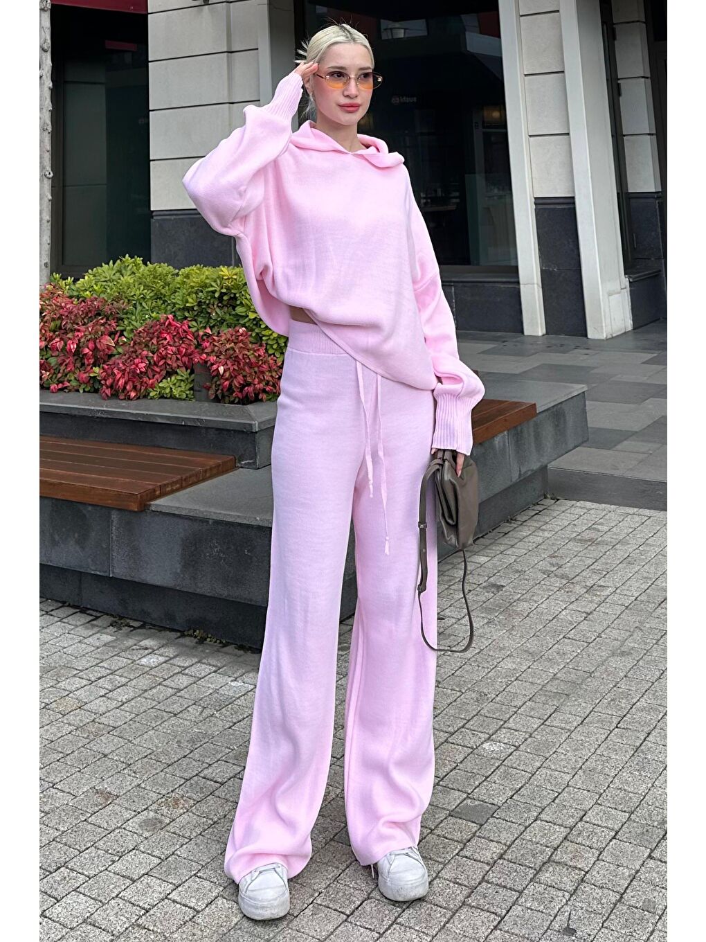 Pembe Kapüşonlu Triko Kadın Eşofman Takımı Mg2237-1