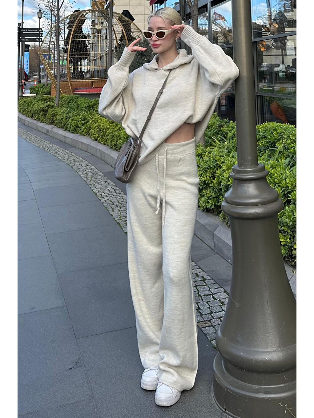 Bej Kapüşonlu Triko Kadın Eşofman Takımı Mg2237-7