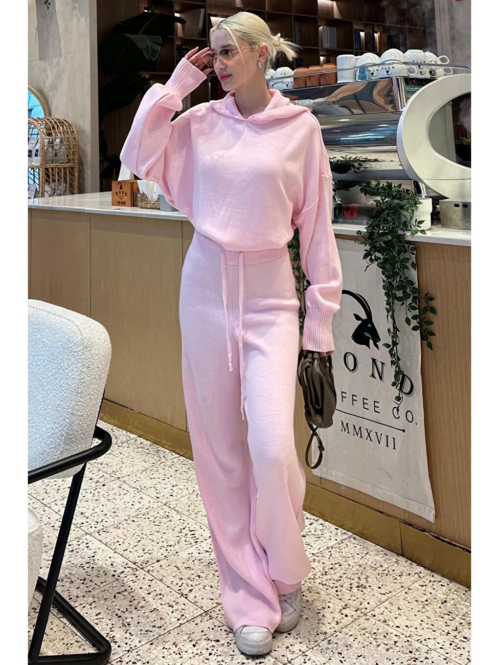 Pembe Kapüşonlu Triko Kadın Eşofman Takımı Mg2237-2