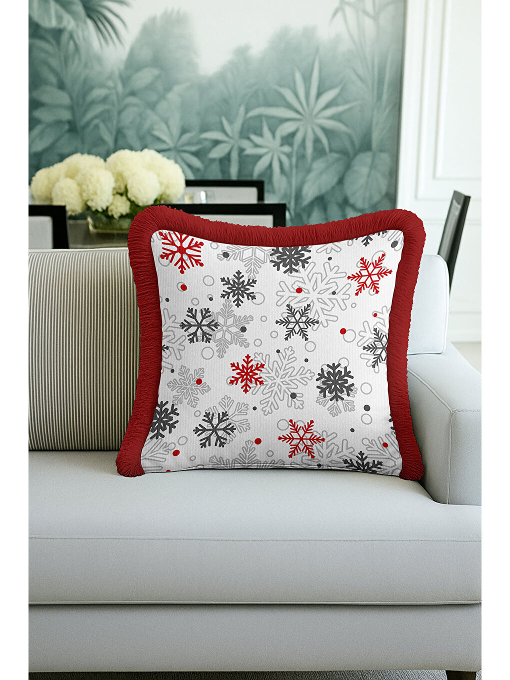 Karışık Zarif Kar Tanesi Motifli Saçaklı Yastık Kılıfı - Kış Temalı Modern Kırmızı Püsküllü Kırlent Kılıfı-4