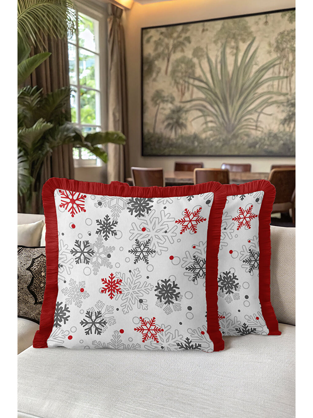 Karışık Zarif Kar Tanesi Motifli Saçaklı Yastık Kılıfı - Kış Temalı Modern Kırmızı Püsküllü Kırlent Kılıfı-5