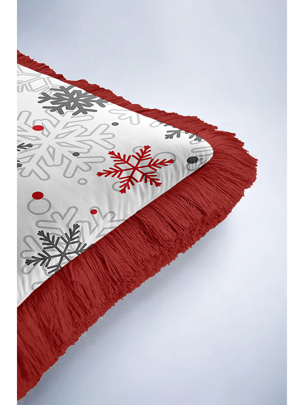Karışık Zarif Kar Tanesi Motifli Saçaklı Yastık Kılıfı - Kış Temalı Modern Kırmızı Püsküllü Kırlent Kılıfı-6