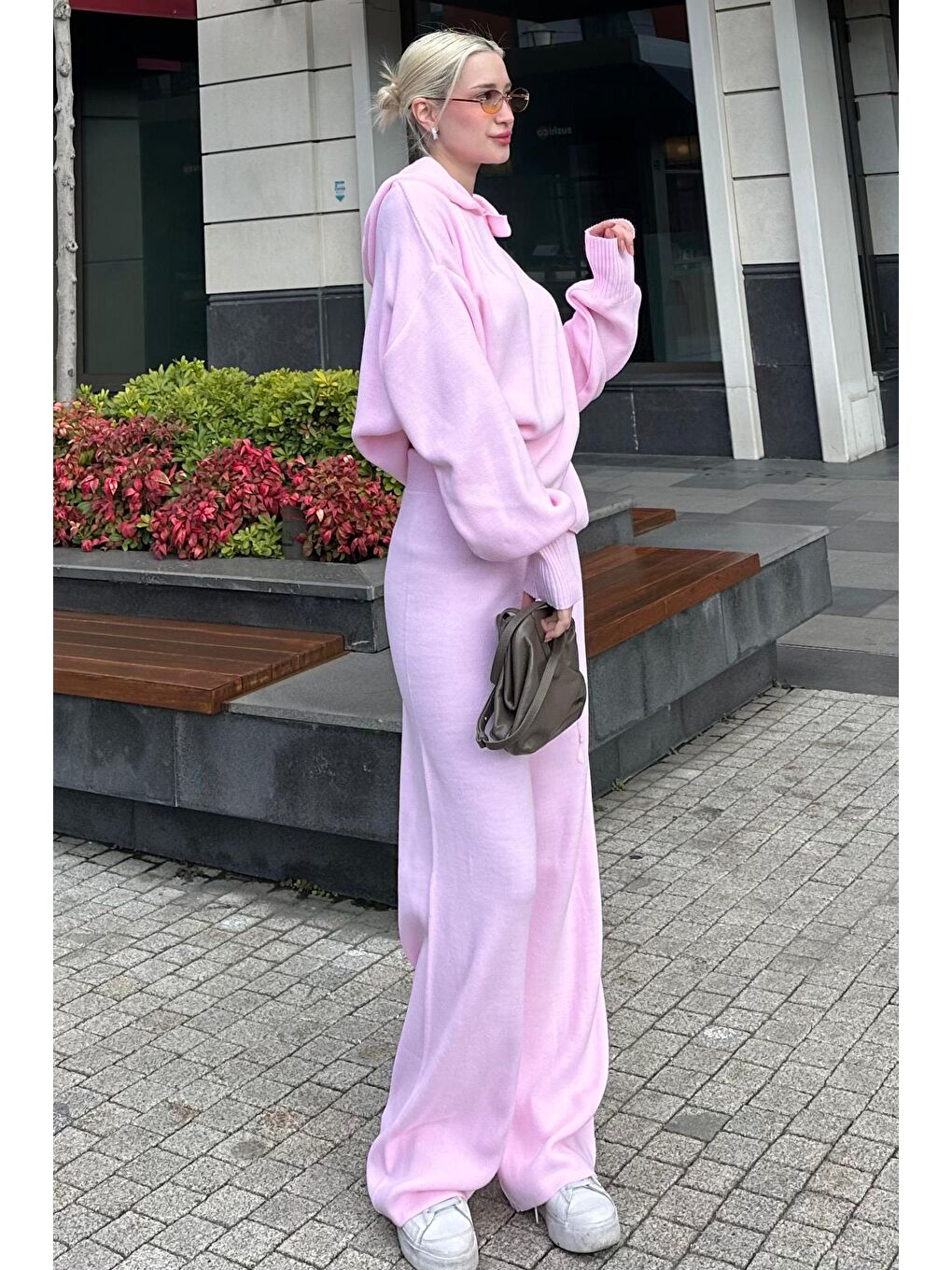 Pembe Kapüşonlu Triko Kadın Eşofman Takımı Mg2237-4