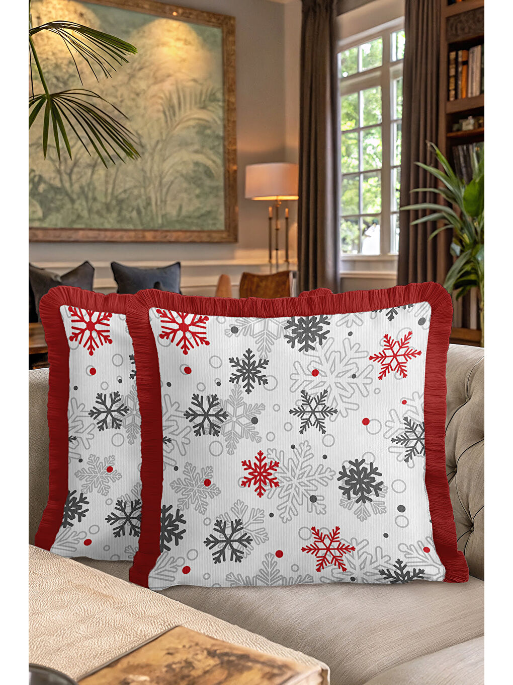 Karışık Zarif Kar Tanesi Motifli Saçaklı Yastık Kılıfı - Kış Temalı Modern Kırmızı Püsküllü Kırlent Kılıfı-7