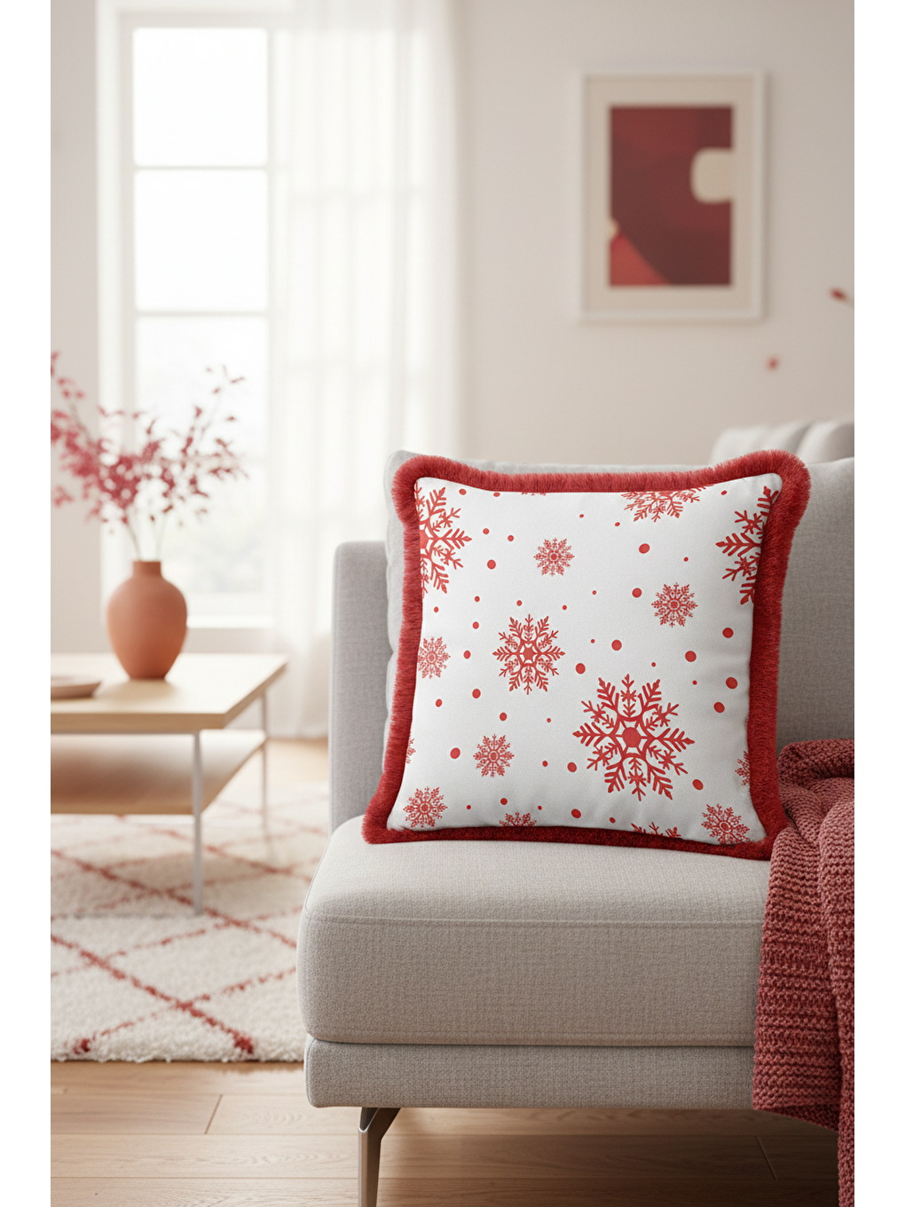 Karışık Kar Tanesi Motif Saçaklı Yastık Kılıfı - Kış Temalı İskandinav Kırmızı Beyaz Püsküllü Kırlent Kılıfı-1