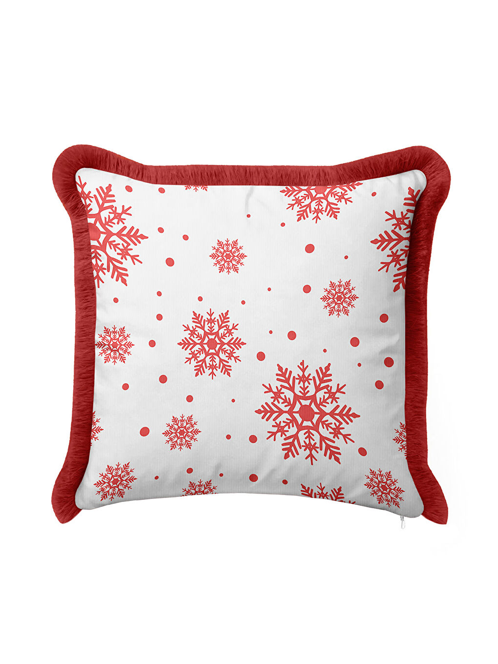 Karışık Kar Tanesi Motif Saçaklı Yastık Kılıfı - Kış Temalı İskandinav Kırmızı Beyaz Püsküllü Kırlent Kılıfı-4