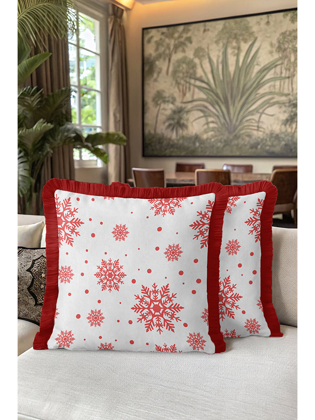 Karışık Kar Tanesi Motif Saçaklı Yastık Kılıfı - Kış Temalı İskandinav Kırmızı Beyaz Püsküllü Kırlent Kılıfı-5