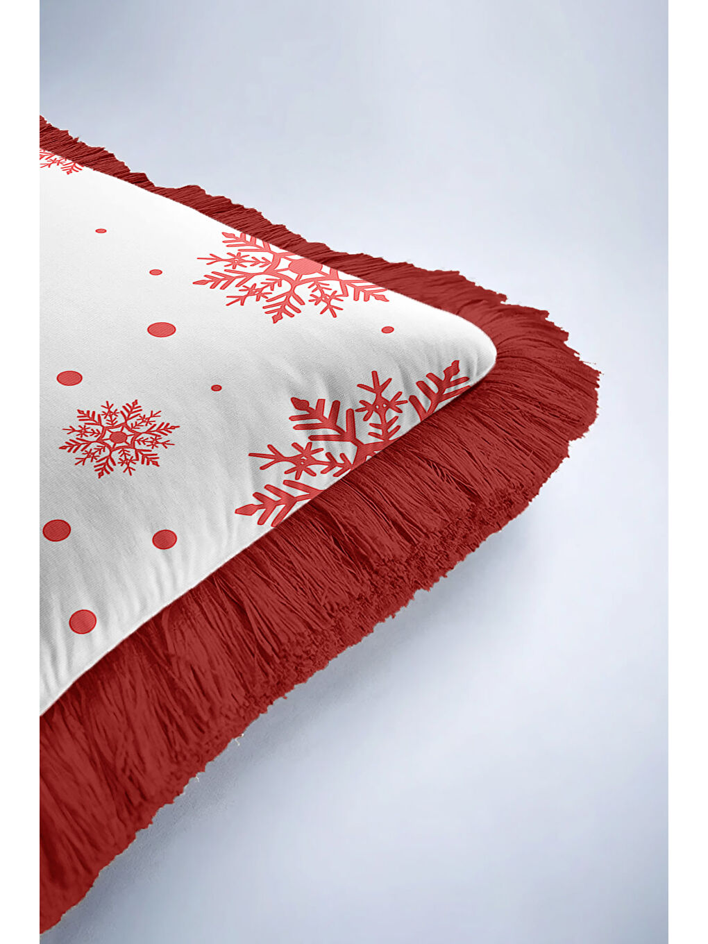 Karışık Kar Tanesi Motif Saçaklı Yastık Kılıfı - Kış Temalı İskandinav Kırmızı Beyaz Püsküllü Kırlent Kılıfı-6