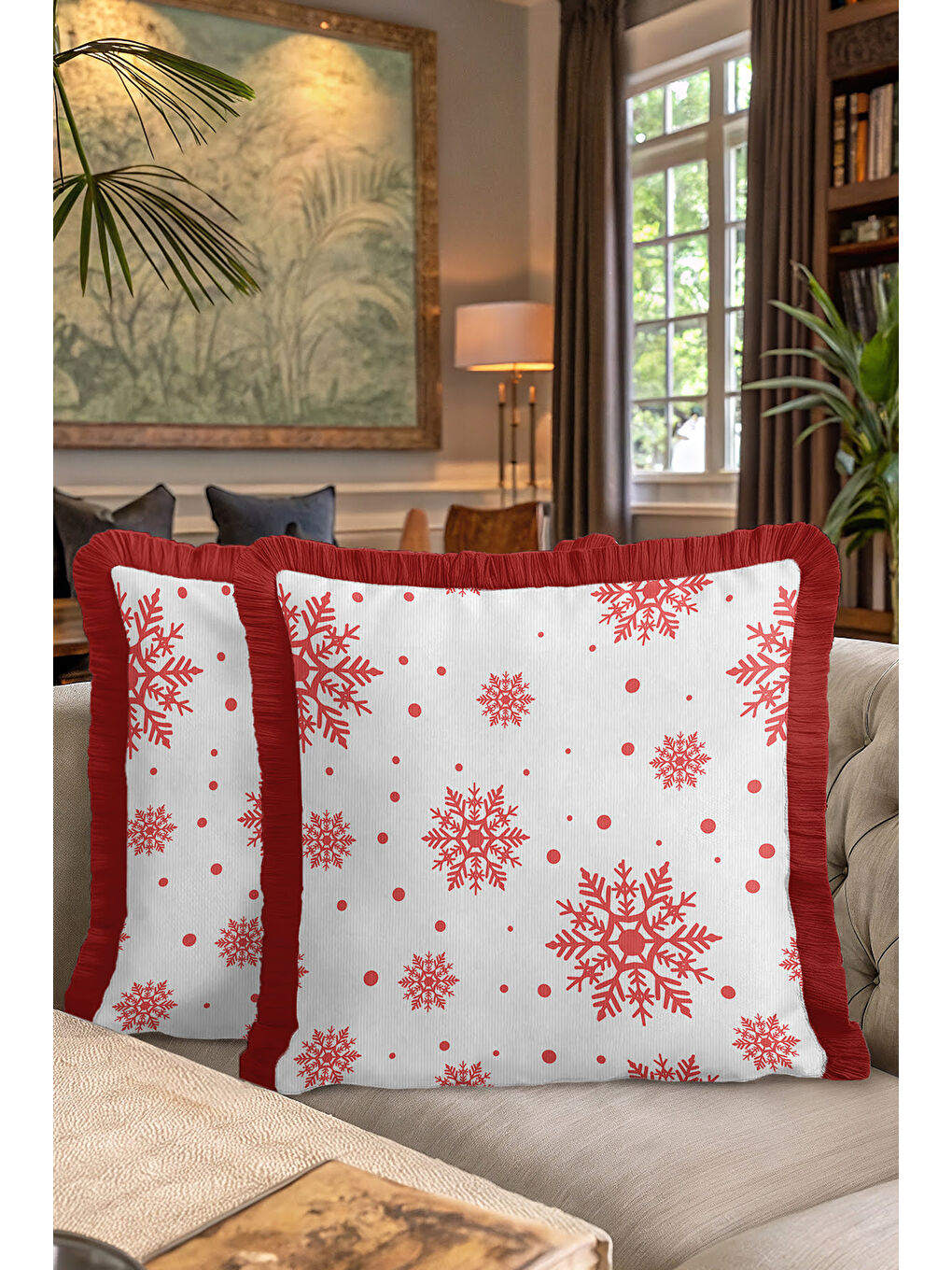 Karışık Kar Tanesi Motif Saçaklı Yastık Kılıfı - Kış Temalı İskandinav Kırmızı Beyaz Püsküllü Kırlent Kılıfı-7